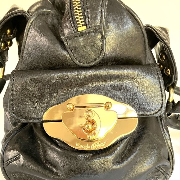 Rough Roses New Genuine Soft Black Leather Large Satchel Bag, Bright Gold Detail - Picture 10 of 11